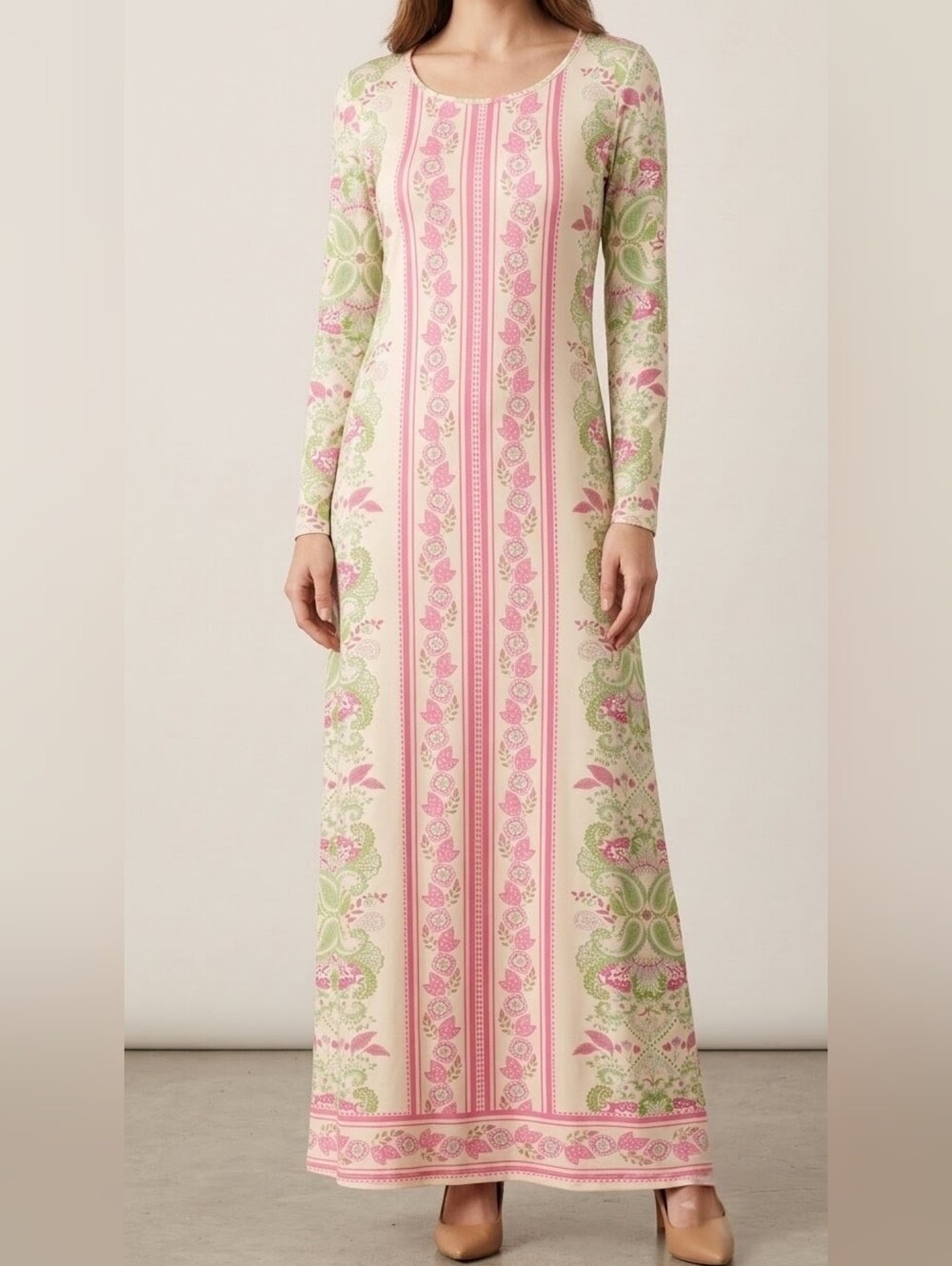 NWT Boho Floral Paisley Long Sleeve Maxi Dress Pink Green Cream - Size Medium